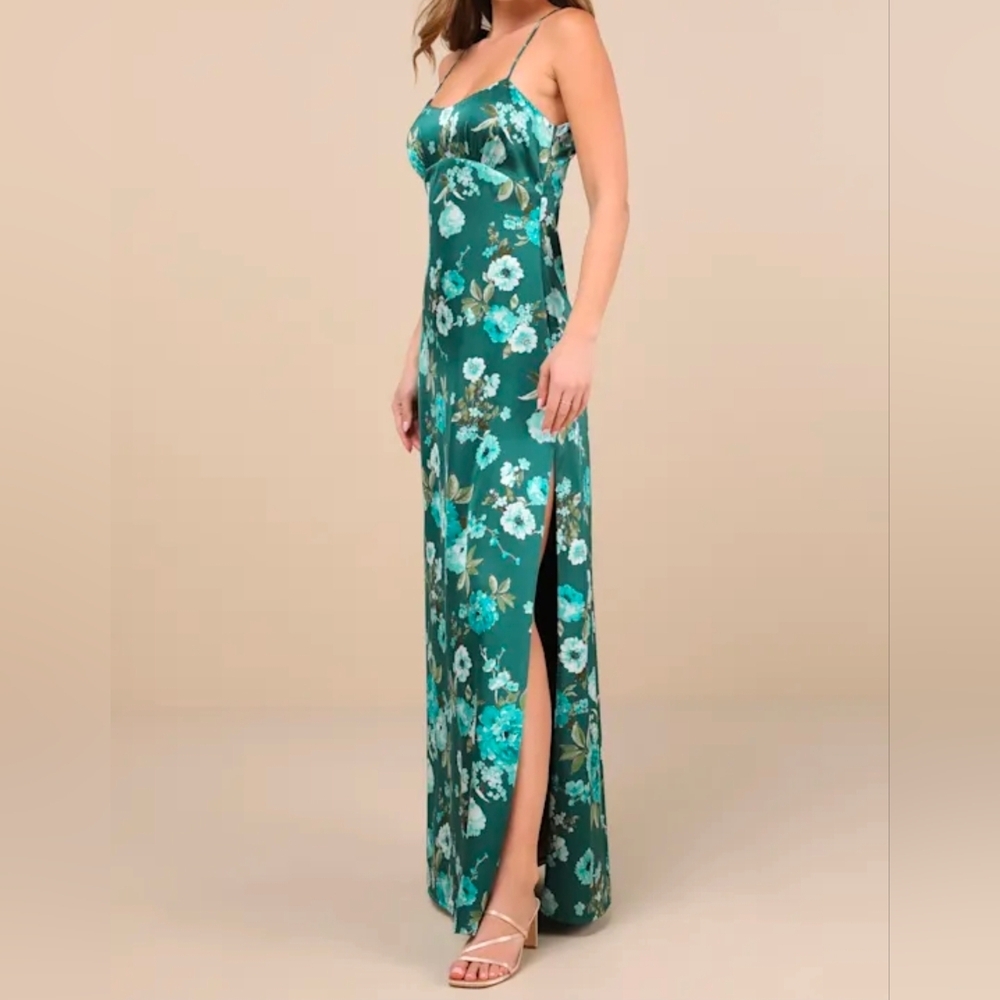 Lulus XS Wondrous Allure Green Floral Satin Backless Maxi Dress, Size XS - Picture 7 of 12